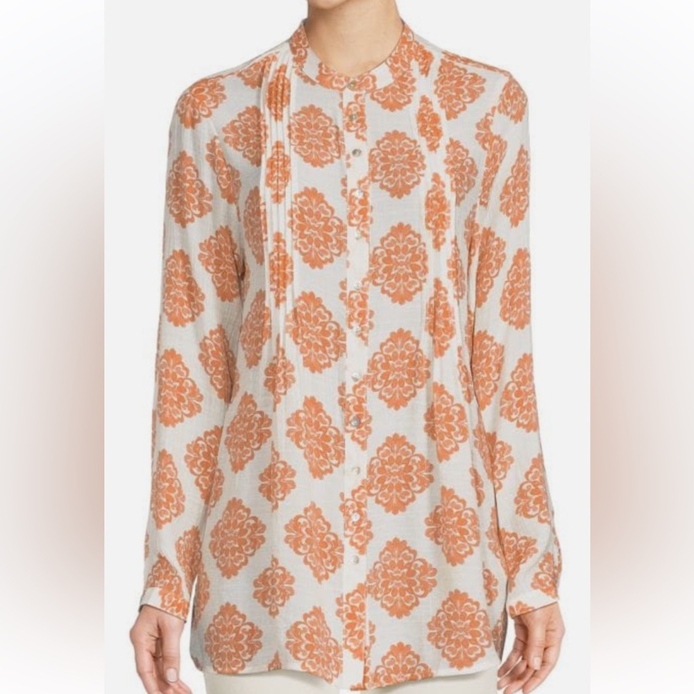 NWT Nanette Lepore Printed Tunic Blouse Long Sleeve Tangerine (M)
